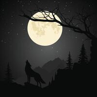 A wolf howling on a mountain under a starlit full moon sky , framed by dark pine trees and mountain ridges. A gnarled, bare tree branch stretches across the moon. vector
