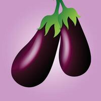 Two glossy eggplants , Brinjal with a rich purple hue, their smooth surfaces gleaming under soft lighting. Attached to each is a vibrant green stem, adding a fresh and natural touch. vector