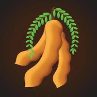 A bunch of tamarind pods hanging from a branch, complemented by lush green leaves. The rich brown hue of the pods highlights the fruits natural texture, signifying its sweet and sour taste. vector