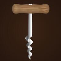 The image features a classic corkscrew designed with a polished wooden handle and a shiny metal spiral worm used to remove corks from bottles, particularly wine bottles. vector