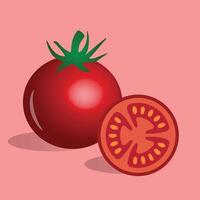 This illustration features a ripe, glossy red tomato alongside a sliced half, revealing its juicy, seed-filled interior. The vibrant red color and fresh green stem make it visually appealing. vector