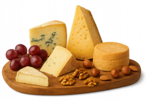 Assorted Artisanal Cheeses and Accompaniments on Wooden Board png