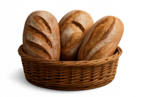 Fresh Handmade Breads in a Rustic Basket on a Simple Background png