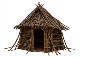 Handmade Rustic Hut Constructed from Natural Branches and Twigs png