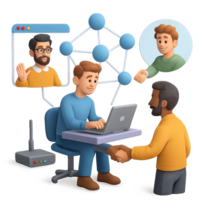 Two men are talking on a laptop and one is shaking hands with another png