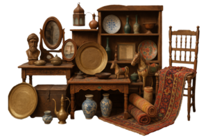 Antique Handicraft Display in Traditional Shop Setting with Artifacts png