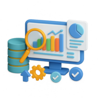 A computer monitor with a magnifying glass, a data chart and a data chart png
