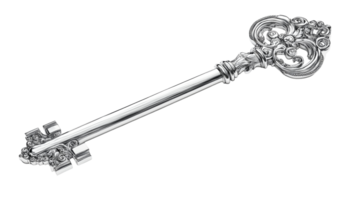 Intricate silver key with ornate design displayed png