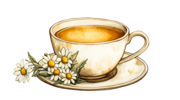 Teacup with chamomile blooms, cut out transparent png