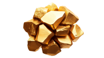 Gold nugget heap on black background, cut out transparent png