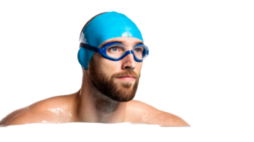Swimmer portrait with goggles and cap, cut out transparent png