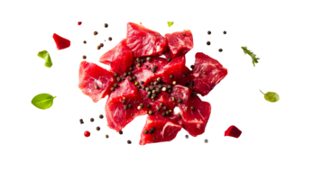 Diced raw beef with spice, isolated, cut out transparent png
