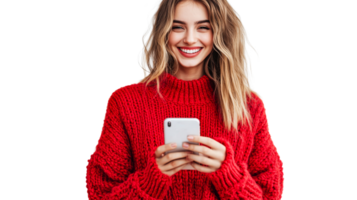 Woman smiling and using smartphone in cozy sweater png