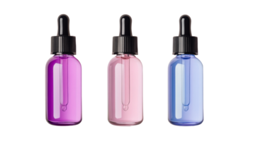 Cosmetic serum bottles, assorted colors, cut out transparent png