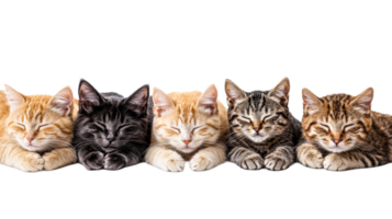 Diverse sleeping kittens row, cut out transparent png