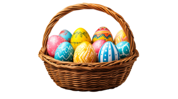 Painted Eggs in Wicker Basket, cut out transparent png