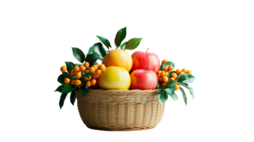 Fruit basket with apples, berries, foliage, cut out transparent png