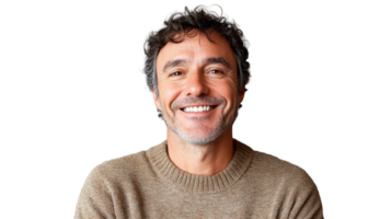 Smiling man with curly hair in warm sweater png