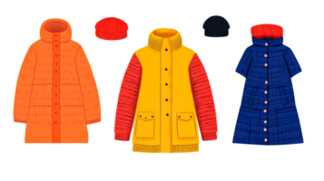 Three stylish jackets and hats design collection png