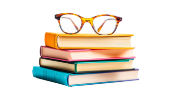 Stack colorful books with spectacles, cut out transparent png