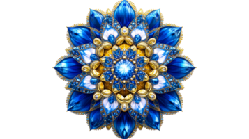 Blue gemstone flower on black background, cut out transparent png