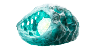 Glowing sphere inside rough teal formation, cut out transparent png