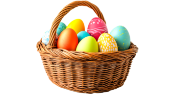 Wicker basket with colorful Easter eggs, cut out transparent png