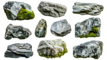 Assorted rocks with moss, cut out transparent png