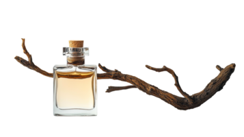 Perfume bottle, dried plant stem, isolated, cut out transparent png