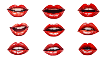 Glossy red lips with different expressions, cut out transparent png