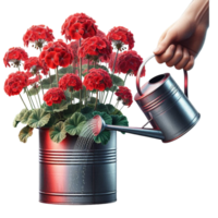 Hand Watering Red Carnations in Pot png