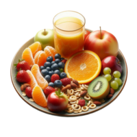 Plate of Fresh Fruit and Juice on Table png