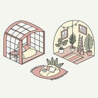 a set of illustrations depicting a room with plants and a bed vector