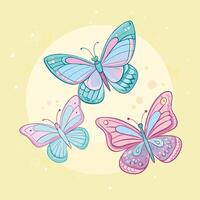 three butterflies in different colors on a yellow background vector