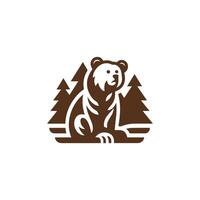 a brown bear sitting on a rock with trees in the background vector