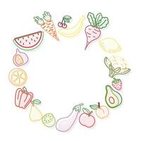 Flat outline wreath with fruits and vegetables, isolated vector