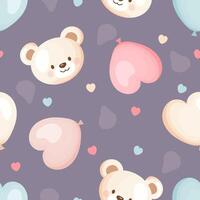 Seamless pattern with teddy bear faces and heart balloons on dusty lilac background vector