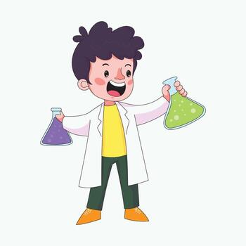 Young scientist boy exploring experiment with mercury bottle in lab, fun childhood education concept art. vector