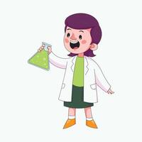 Young scientist boy exploring mercury bottle with experiment liquid, fun childhood education concept art vector