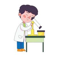 Young scientist kid excitedly using a microscope in the lab, fun education, science, and childhood concept vector