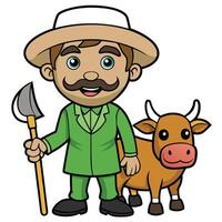 Cartoon farmer with mustache and brown cow illustration with clipping path vector