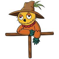 Cartoon scarecrow leaning on wooden cross with sad expression for autumn designs vector