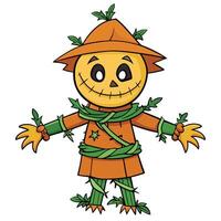 Cartoon halloween scarecrow with vines and foliage dressed in orange and green vector