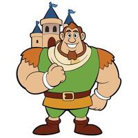 Smiling giant cartoon character standing in front of a fantasy castle illustration vector