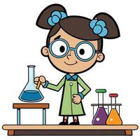 Cartoon scientist girl experimenting with beakers and chemical solutions in a lab vector