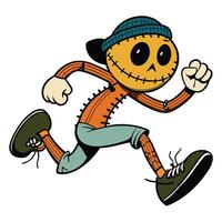 Cartoon scarecrow running with a beanie hat isolated on white background vector