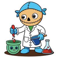 Cartoon scarecrow scientist performing experiment in lab illustration vector