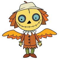Cartoon halloween scarecrow illustration with straw hat and friendly smiling expression vector
