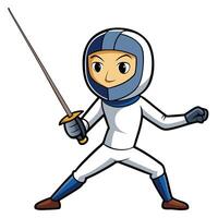 Cartoon fencer in defensive stance with foil sword ready for duel vector