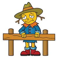 Sad cartoon scarecrow leaning on a wooden fence with an unhappy expression vector